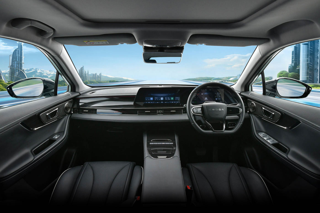 JSW C5 Electric SUV interior panoramic futuristic dashboard view
